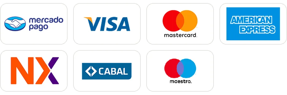 Mercado Pago, Visa, Mastercard, American Express, Naranja X, Cabal y Maestro